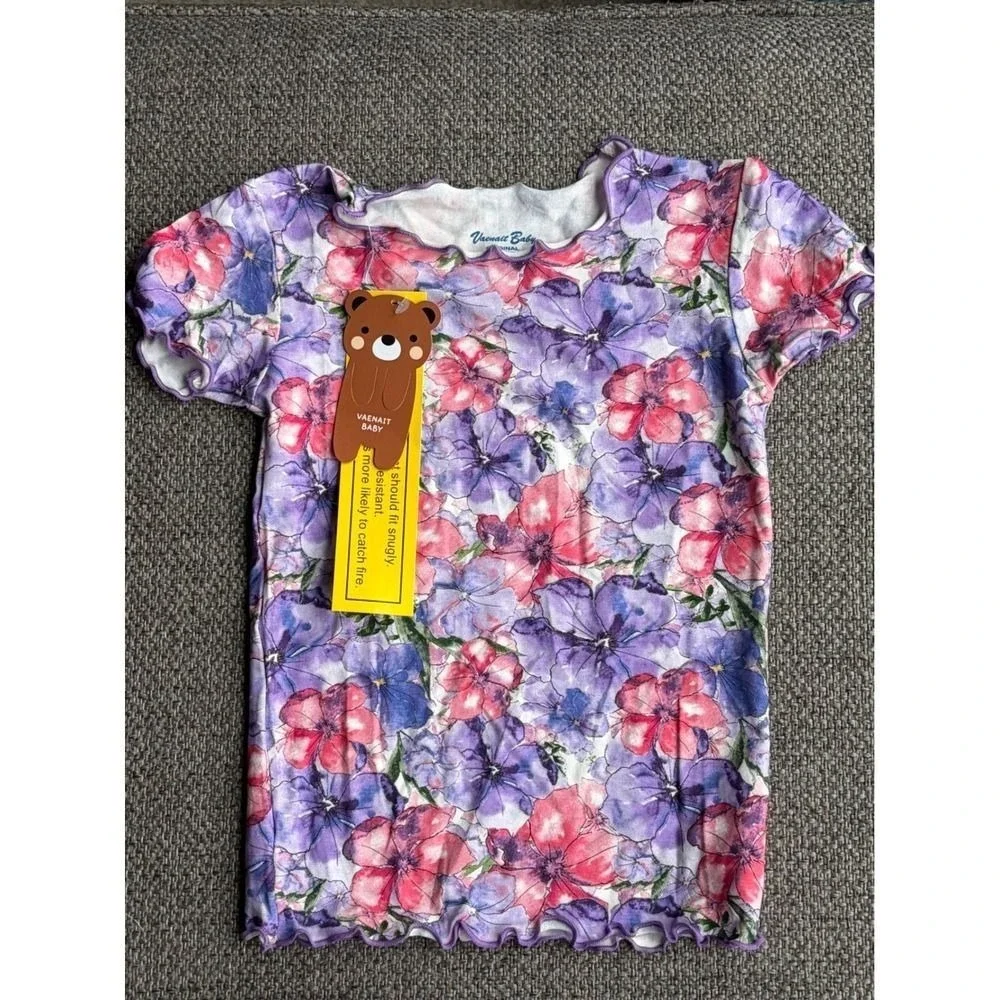 Vaenait Baby Kids Floral Pajama Set Purple Pink Lettuce Trim 2pc Snug Fit 3T NEW